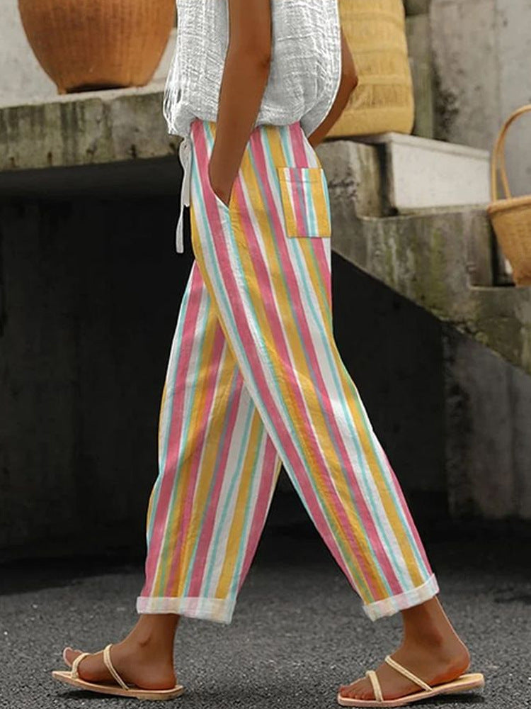 Damen Weite Leinenhose mit handgewebtem Muster R&B