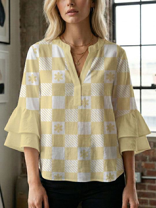 Damen Bluse mit voluminösen Flügelärmel und intensivem Blattmuster R&B