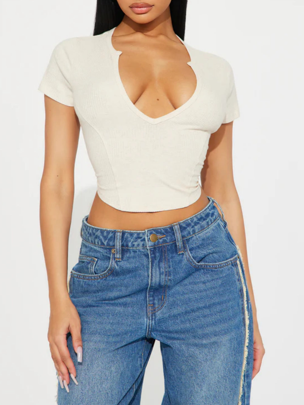 Damen Cropped Shirt mit v-förmigem Ausschnitt R&B