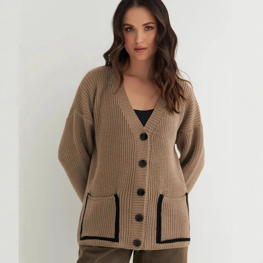 Damen Lässiger Strickcardigan mit tiefem V-Ausschnitt und praktischen Taschen R&B