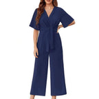 Damen eleganter Wickel-Jumpsuit mit weiten Beinen und Taillengürtel R&B