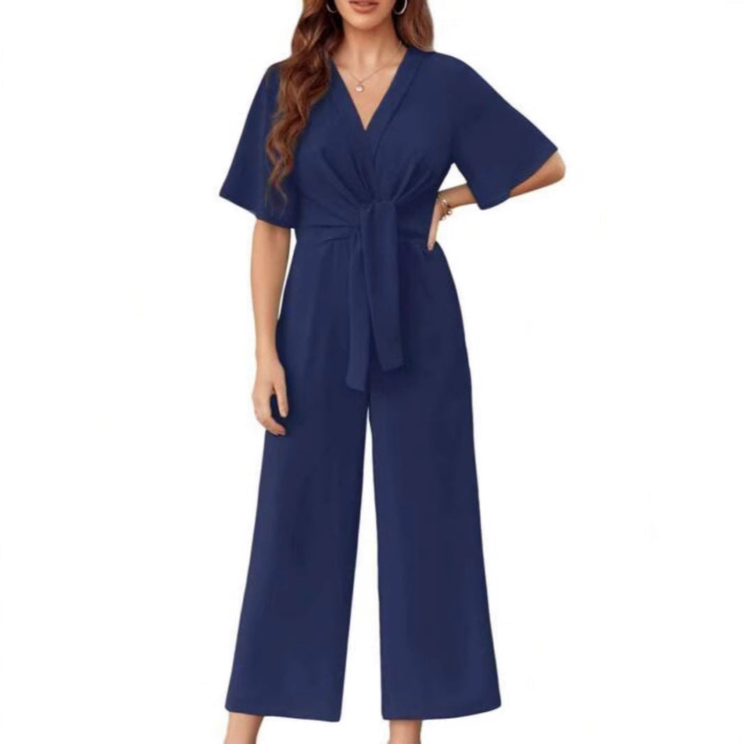 Damen eleganter Wickel-Jumpsuit mit weiten Beinen und Taillengürtel R&B