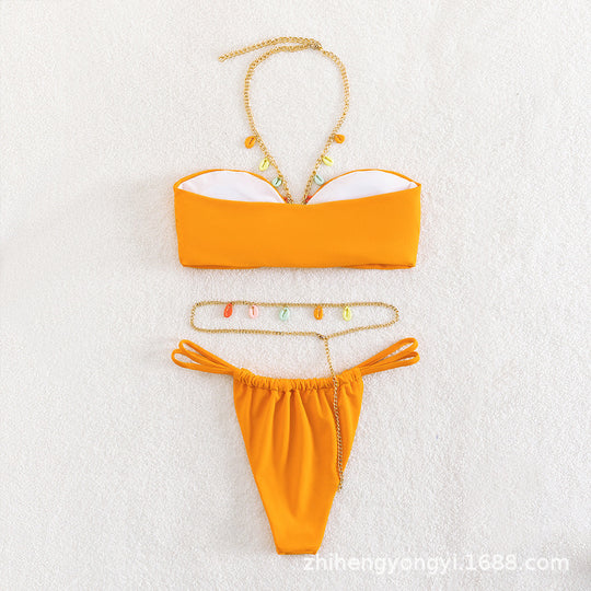 Damen Bandeau-Bikini mit buntem Kettenzier-Design R&B