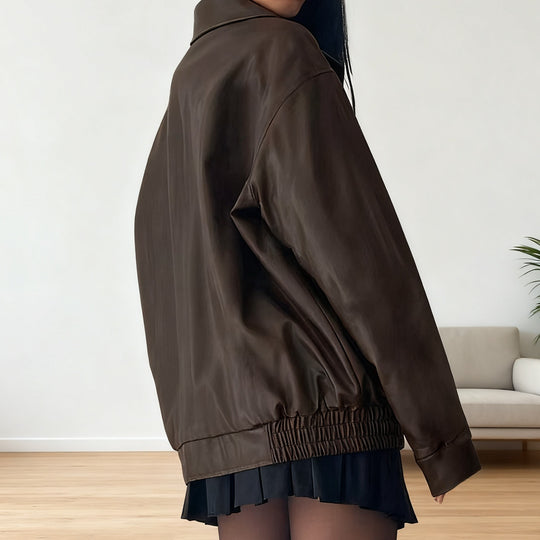 Damen Kunstlederjacke im lässigen Oversized-Stil mit elastischen Bündchen R&B