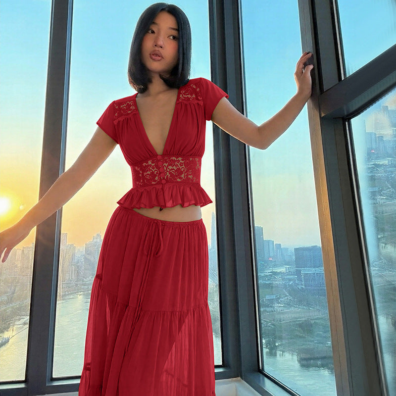 Damen Elegantes Maxikleid mit Spitzenoberteil und fließendem Saum R&B