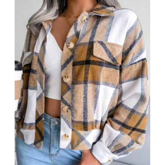 Damen karierte Flanelljacke mit Knopfverschluss und Brusttasche R&B