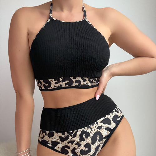 Damen Hochtailliertes Bikini-Set mit sportlichem Oberteil und animalischem Muster R&B