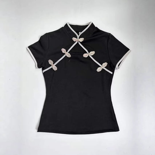 Damen Chinesisch inspirierte Bluse mit modernem Stehkragen und floralen Details R&B