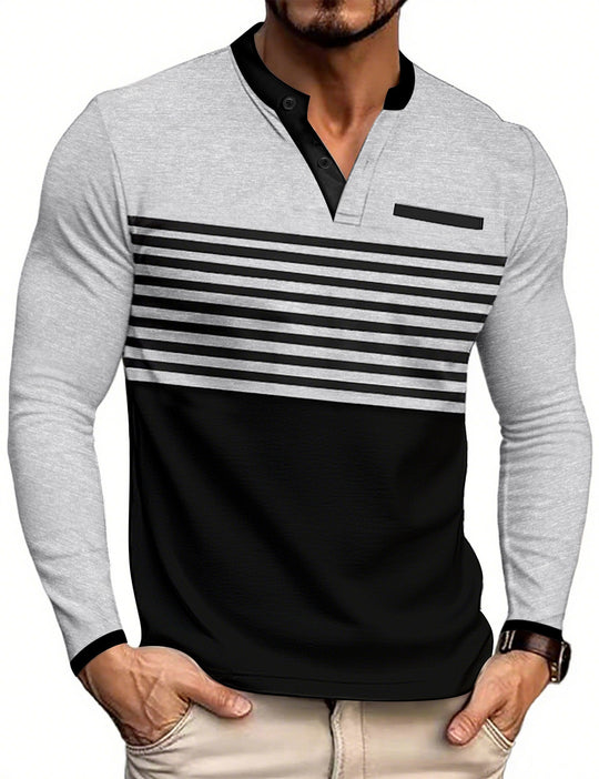 Herren nan modernes Langarm-Polo mit Henley-Blende gestreifter Brustpartie und Stehkragen R&B