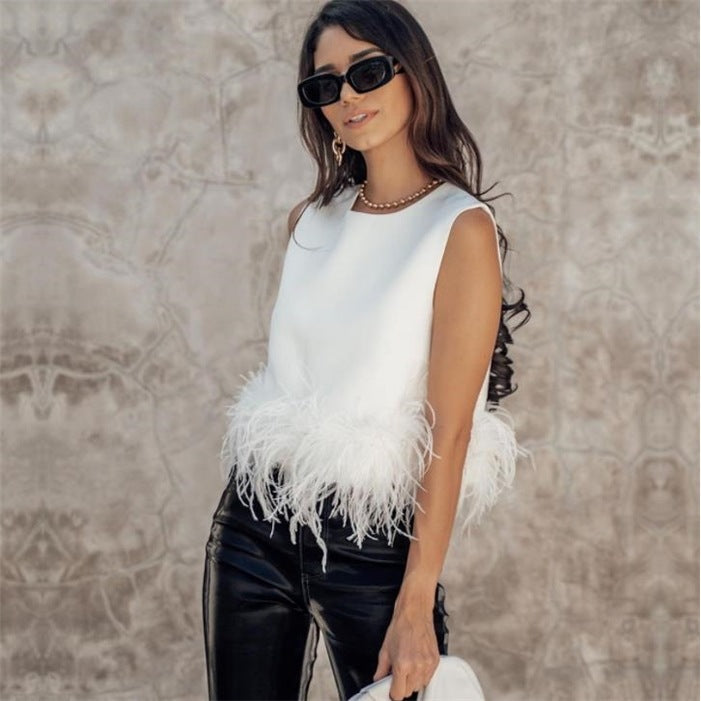 Damen Elegantes Top mit Federn und Rundhalsausschnitt R&B