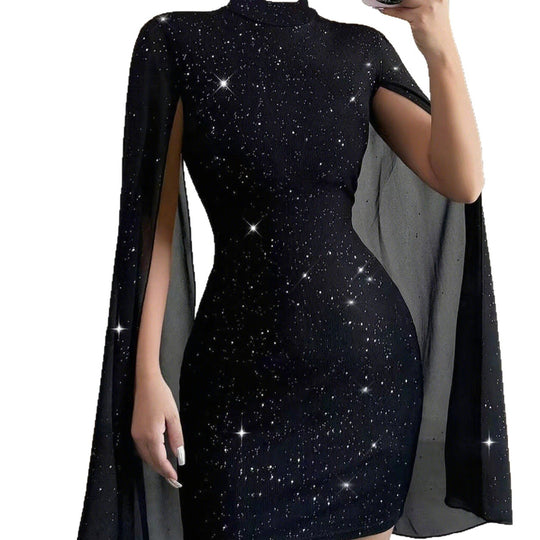 Damen Glamouröses Minikleid mit schwingenden Ärmeln und hochgeschlossenem Design R&B