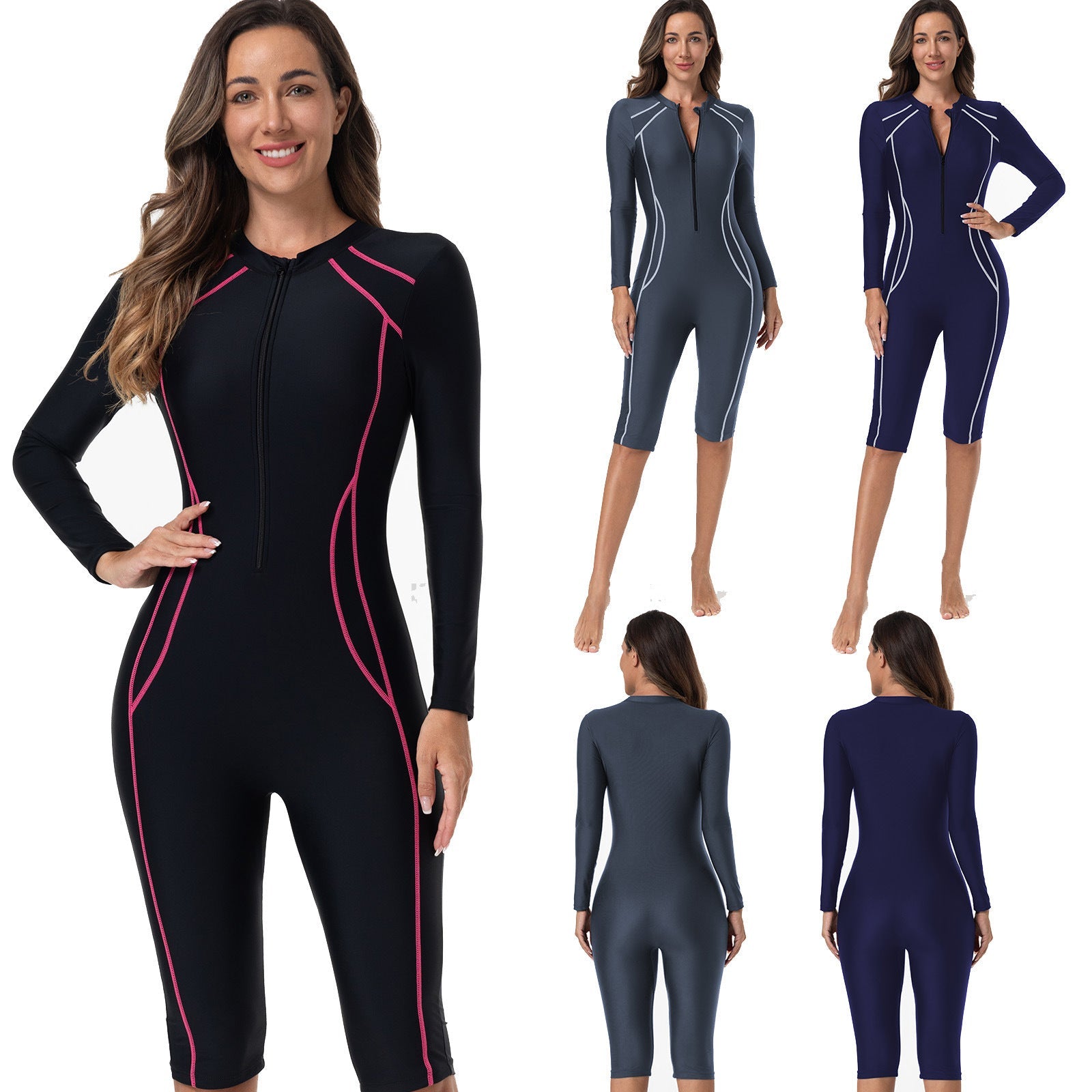 Damen Sportlicher Langarm-Schwimmanzug mit Reißverschluss R&B