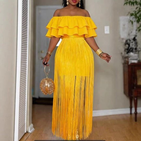 Damen Elegantes Off-Shoulder Kleid mit voluminösem Rüschensaum und fransigem Design R&B