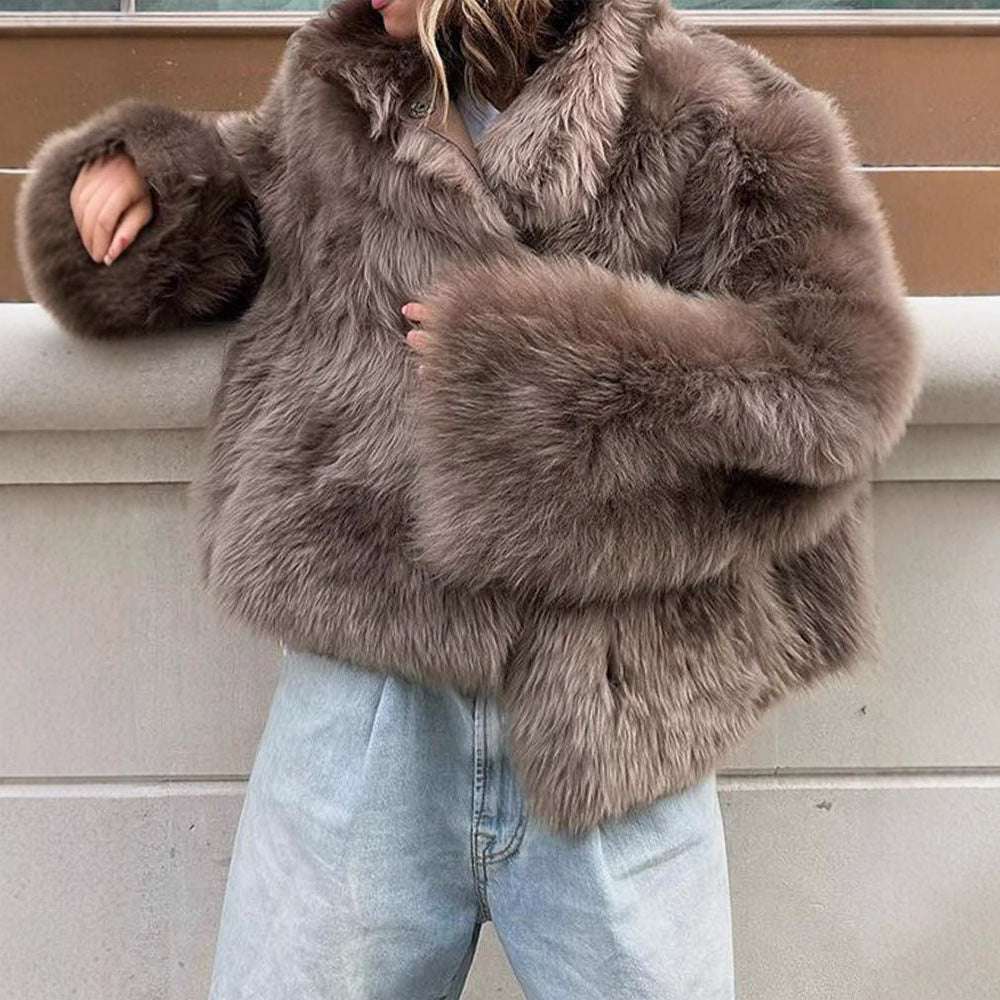 Damen Modische Kurzjacke aus hochwertigem Kunstfell mit elegantem Kragen R&B