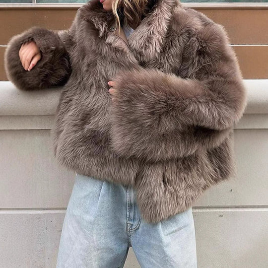 Damen Modische Kurzjacke aus hochwertigem Kunstfell mit elegantem Kragen R&B