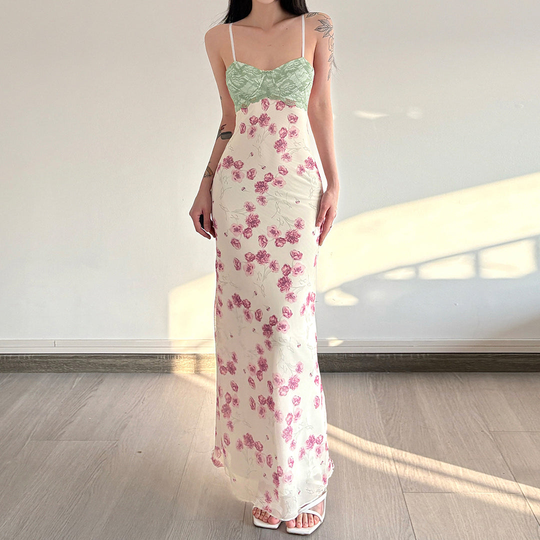 Damen Maxikleid mit floralem Spitzenoberteil und zarten Spaghettiträgern R&B