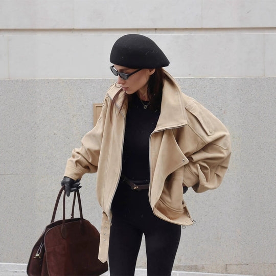 Damen Oversized Wildlederjacke mit asymmetrischem Schnitt und modischen Details R&B