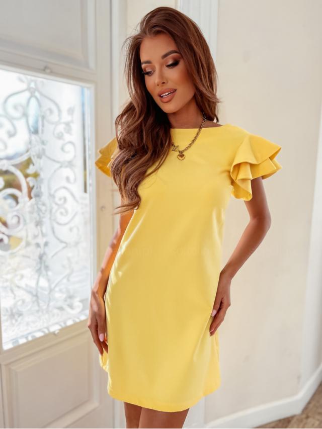 Damen Kurzarm Kleid mit Rüschenärmeln und Geradem Schnitt R&B