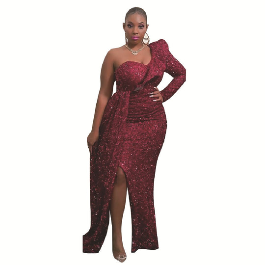 Damen Elegantes schulterfreies Maxikleid mit glitzernden Akzenten und asymmetrischem Design R&B