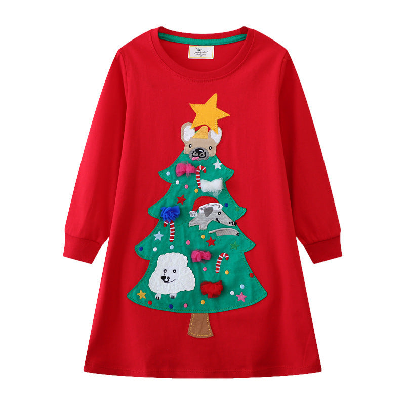Mädchen Langarmkleid mit festlichem Weihnachtsbaum-Motiv R&B
