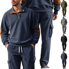 Herren nan strukturierter Troyer-Pullover mit Stehkragen Druckknopfleiste und Velours-Ellenbogenpatch R&B