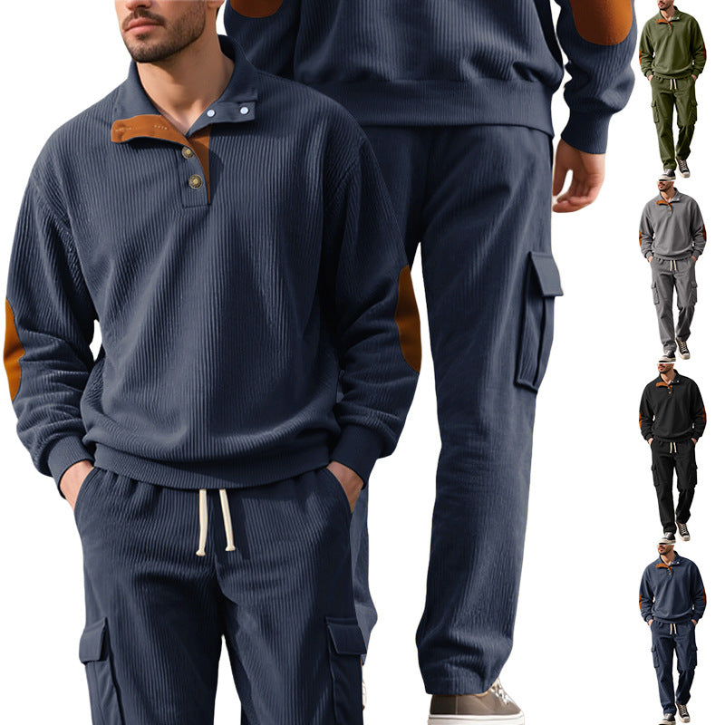 Herren nan strukturierter Troyer-Pullover mit Stehkragen Druckknopfleiste und Velours-Ellenbogenpatch R&B