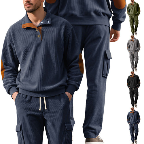 Herren nan strukturierter Troyer-Pullover mit Stehkragen Druckknopfleiste und Velours-Ellenbogenpatch R&B