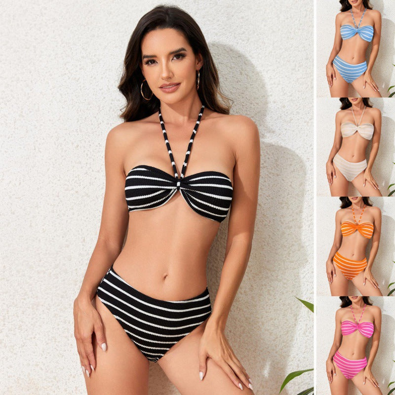 Damen Triangel-Bikini mit verspieltem Streifenmuster und verstellbarem Oberteil R&B