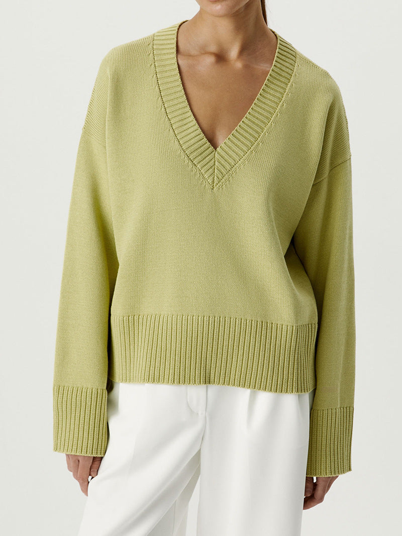 Damen Strickpullover mit tiefem V-Ausschnitt und lässigem Schnitt R&B