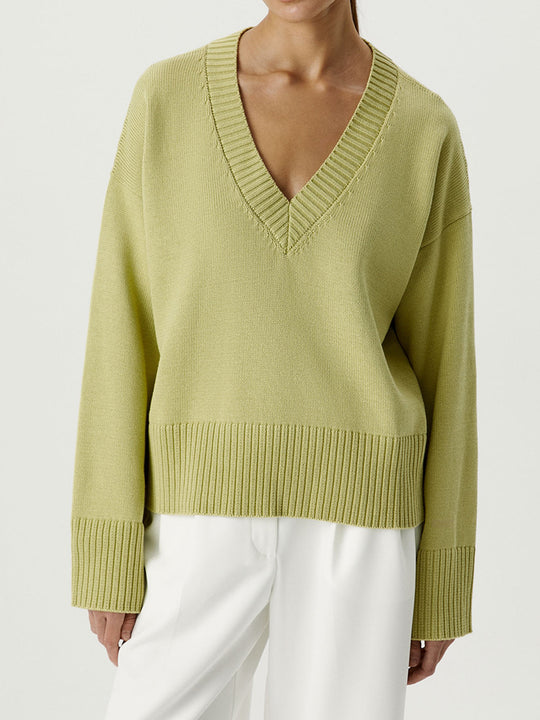 Damen Strickpullover mit tiefem V-Ausschnitt und lässigem Schnitt R&B