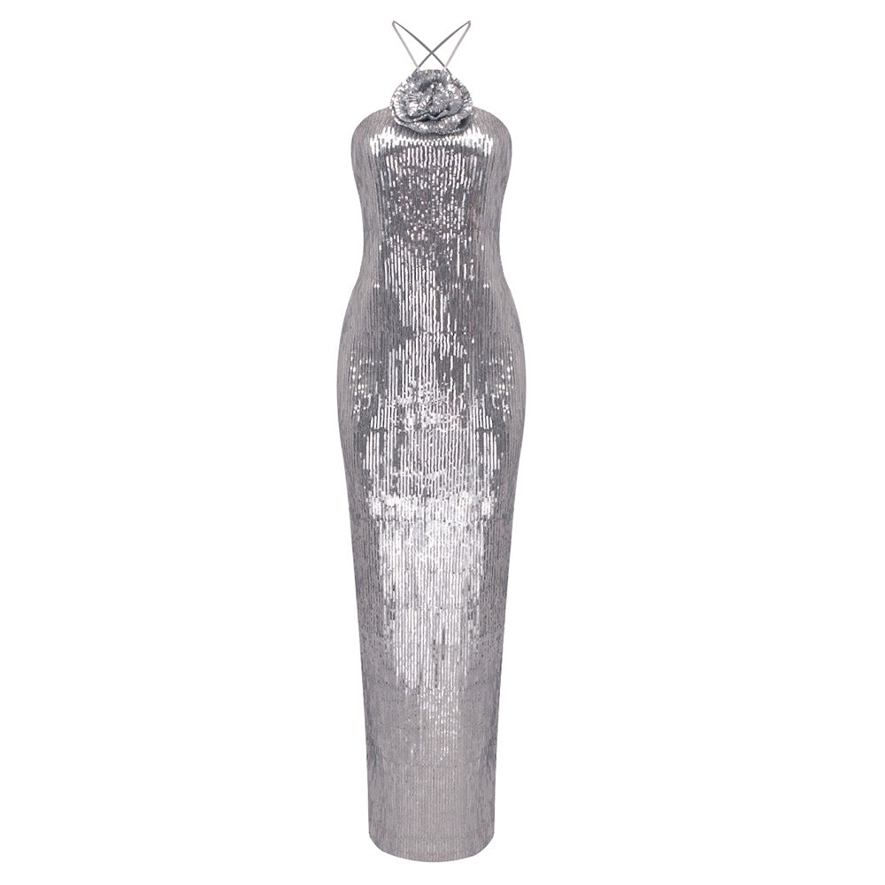 Damen glamouröses Pailletten-Maxikleid mit elegantem Stehkragen R&B