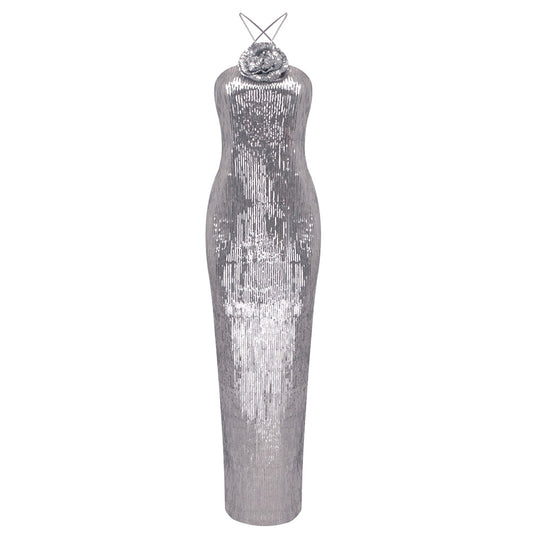 Damen glamouröses Pailletten-Maxikleid mit elegantem Stehkragen R&B
