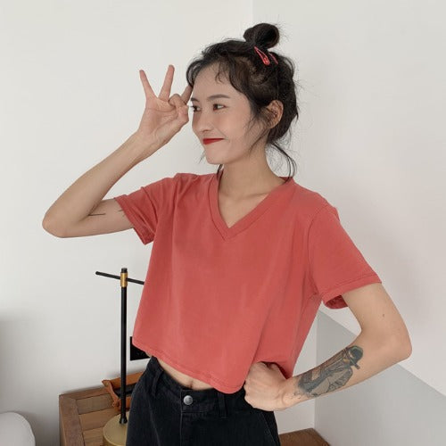 Damen Kurzarm T-Shirt mit V-Ausschnitt und lässigem Schnitt