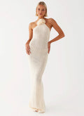 Damen Häkel-Maxikleid mit hohem Schlitzausschnitt
