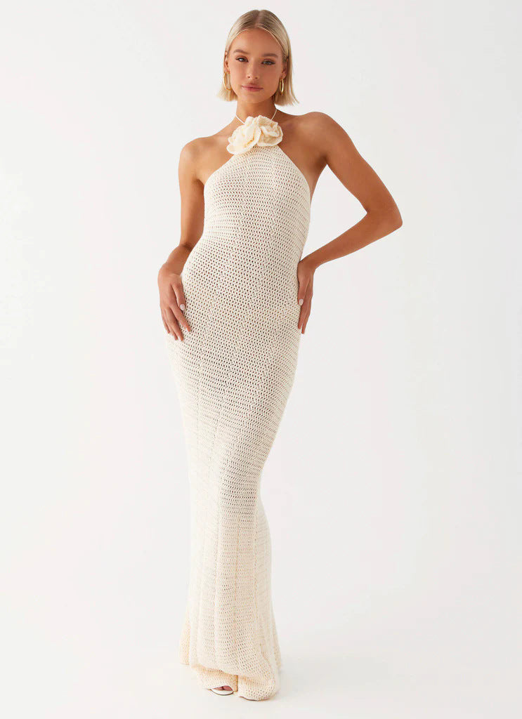 Damen Häkel-Maxikleid mit hohem Schlitzausschnitt