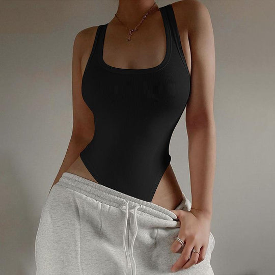 Damen Hochgeschnittener Bodysuit mit feiner Rippstruktur und schmalen Trägern R&B