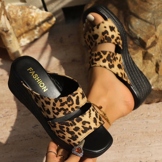 Damen Plateau-Sandalen mit modischem Leopardenmuster und rutschfester Sohle R&B