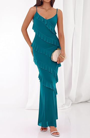 Damen Maxikleid mit Rüschen und Spaghettiträgern R&B