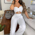 Damen Set aus Crop Top und Weitbein-Hose mit Raffdetails R&B