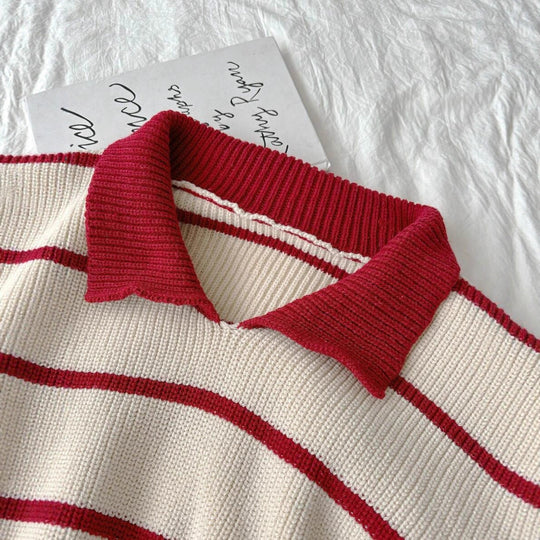 Damen Pullover mit Polokragen und gestreiftem Design R&B