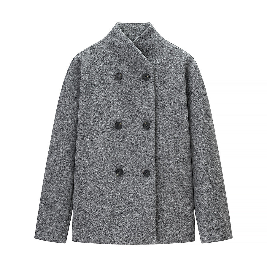 Damen Oversized Wolljacke mit doppelter Knopfleiste und modernem Stehkragen R&B