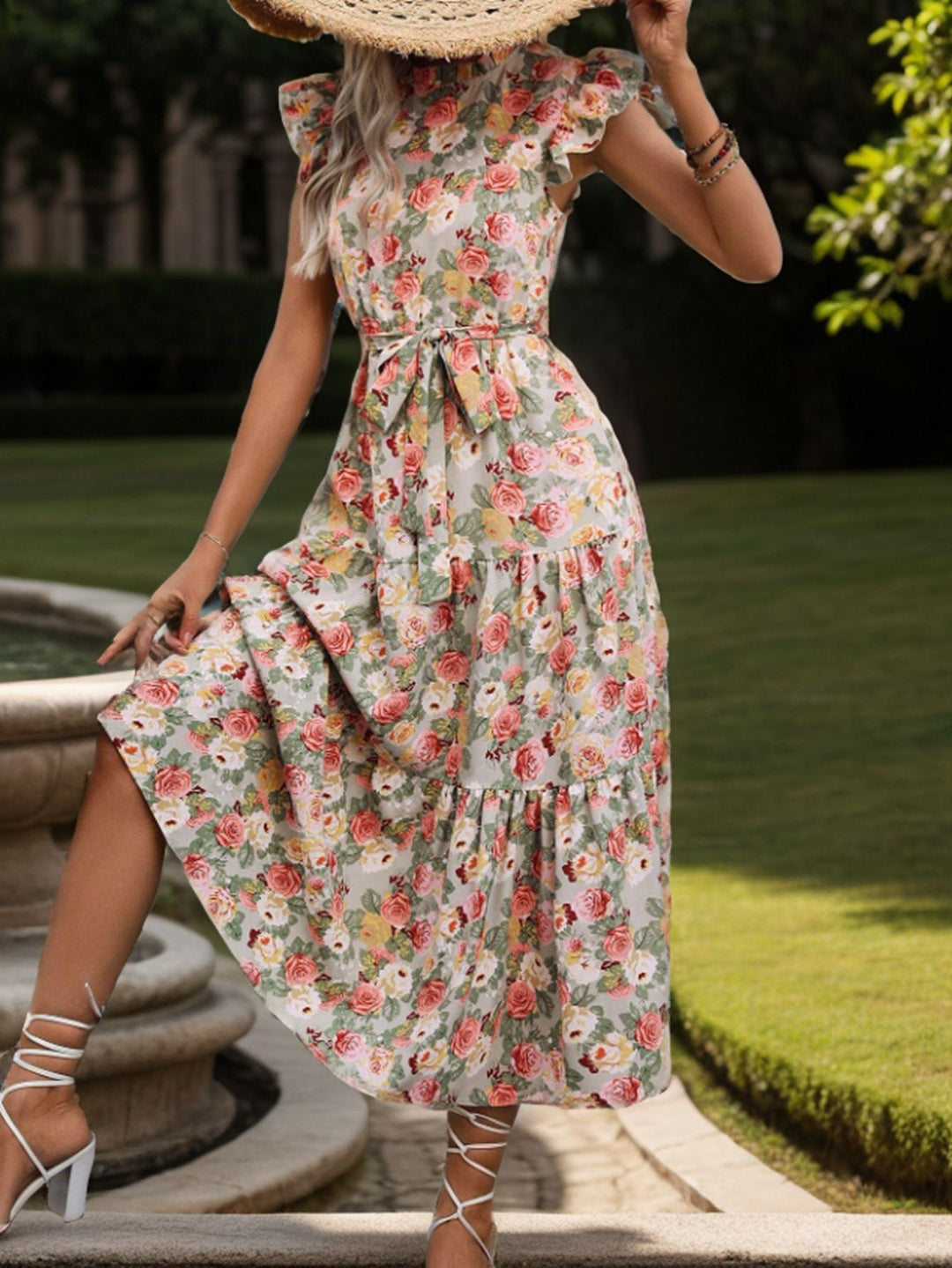 Damen Floral Maxikleid mit Taillengürtel und voluminösen Ärmeln R&B