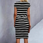 Damen Freizeitleinenkleid mit bunten Streifen und verstellbarem Taillenzug R&B