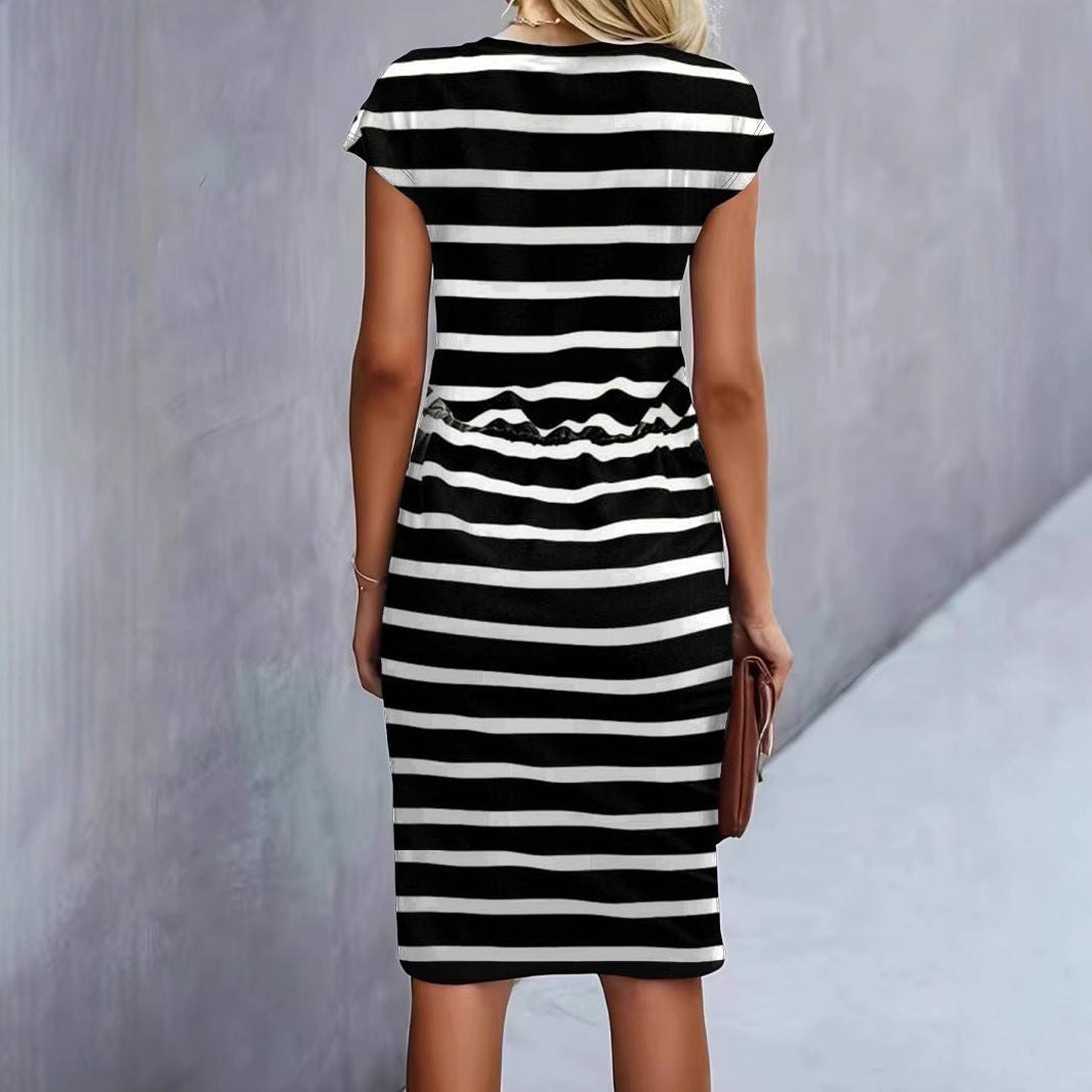 Damen Freizeitleinenkleid mit bunten Streifen und verstellbarem Taillenzug R&B