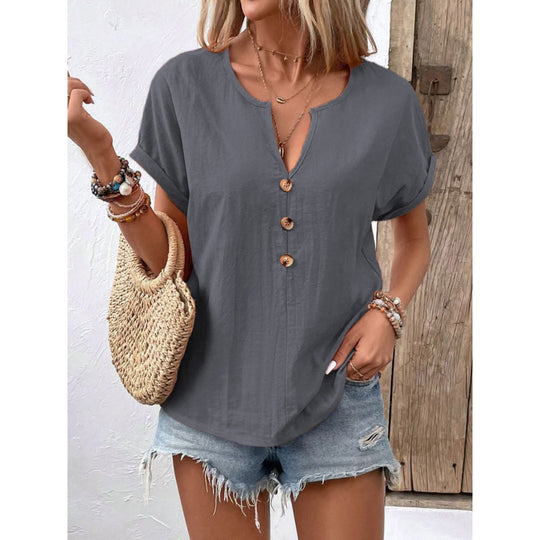 Damen lässige Bluse mit Knopfleiste und rundem Ausschnitt R&B