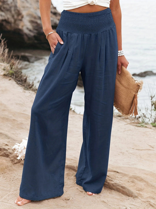 Damen Weite Leinenhose mit elastischem Bund und Falten R&B