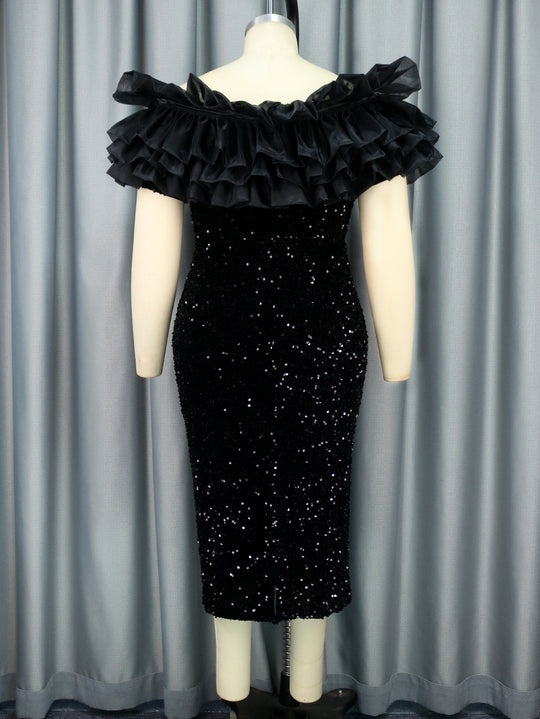 Damen Elegantes Abendkleid mit voluminösen Rüschen und funkelnden Pailletten R&B