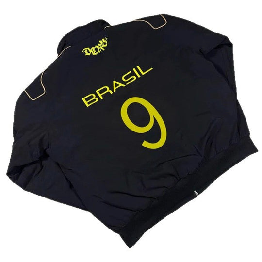 Unisex nan sportliche Retro-Trainingsjacke mit Stehkragen Reißverschluss Brustemblem und Brasilien-Schriftzug R&B