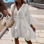 Damen Sommerkleid mit luftigen Trompetenärmel und elegantem Häkelgürtel R&B