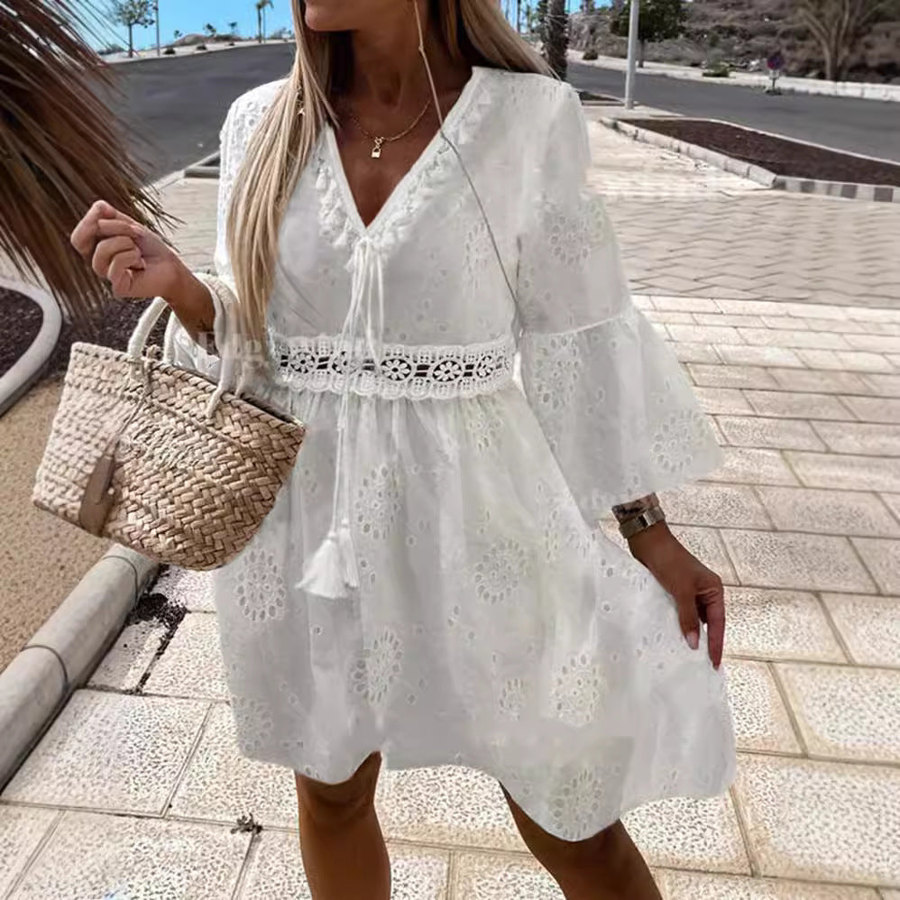 Damen Sommerkleid mit luftigen Trompetenärmel und elegantem Häkelgürtel R&B
